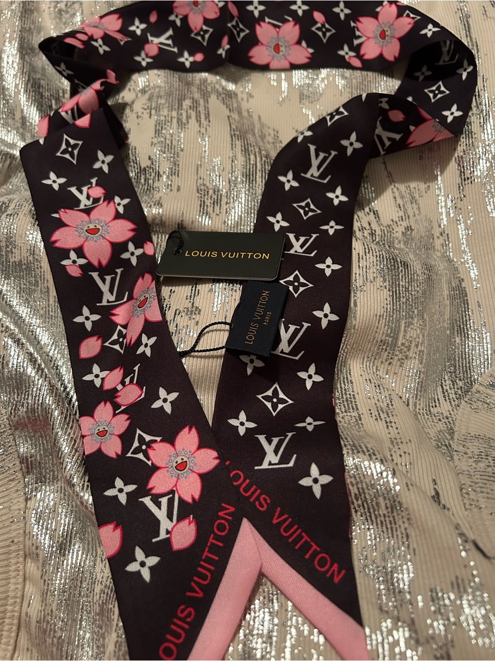 Louis Vuitton Black & Pink Floral Monogram Twilly 100% Silk  Scarf! Stunning